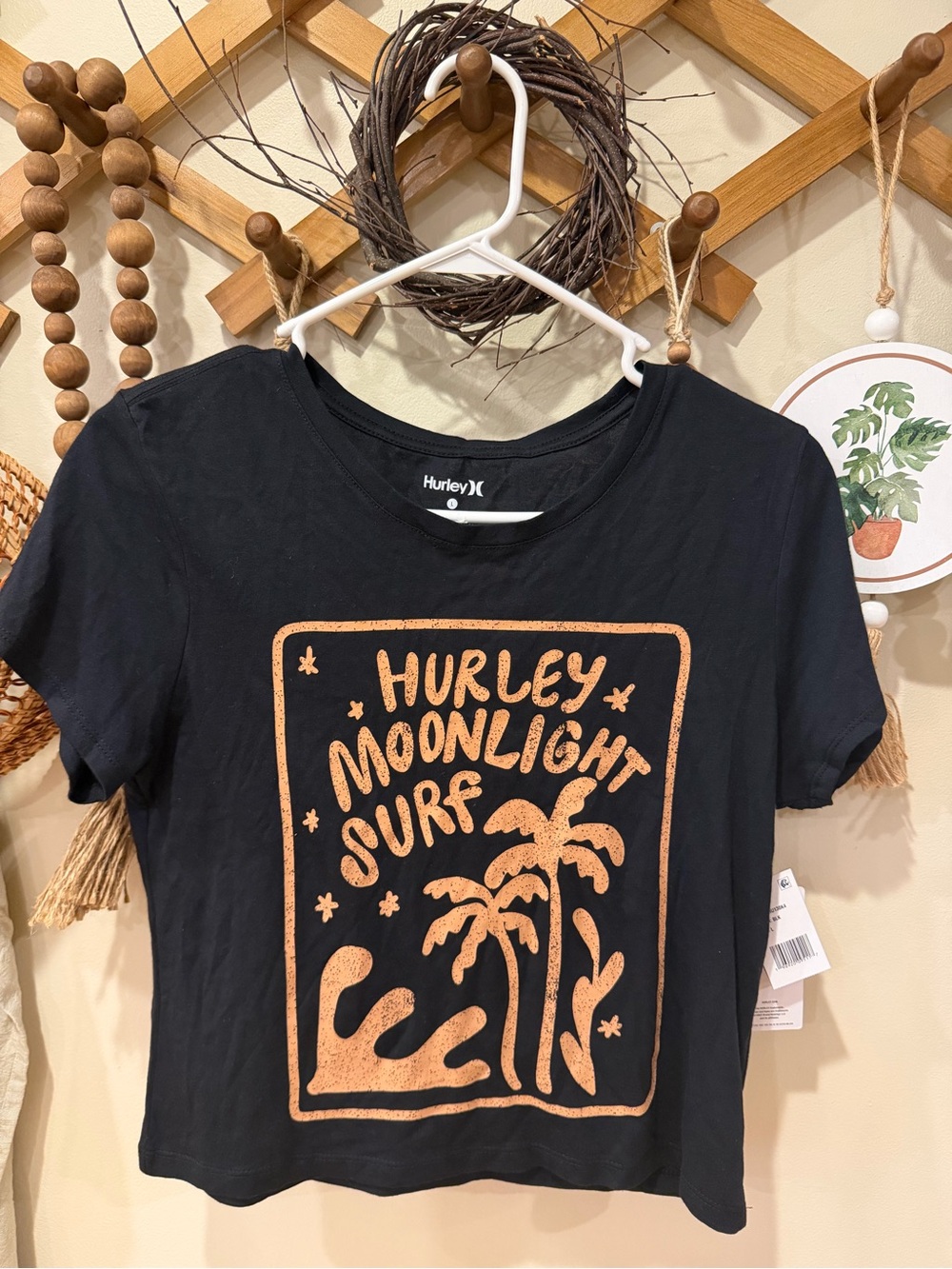 Hurley Black Tee with Orange Moonlight Surf Graphic